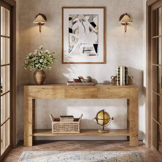 67 in. Oak Rectangle Wood Console Table with 3-Drawers, Long Sofa Table Behind the Couch with Sto... | The Home Depot