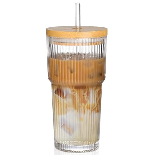 AUFXKOO 20oz Glass Cups with Lids and Straws,1PCS Ribbed Glass Coffee Cups,Iced Coffee Cups with Lid,Vintage Bamboo Tumbler for Juice,Smoothies | Amazon (US)