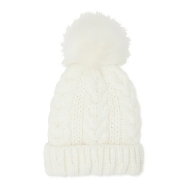 Time and Tru Women's Pom Cable Knit Winter Beanie, Winter White | Walmart (US)