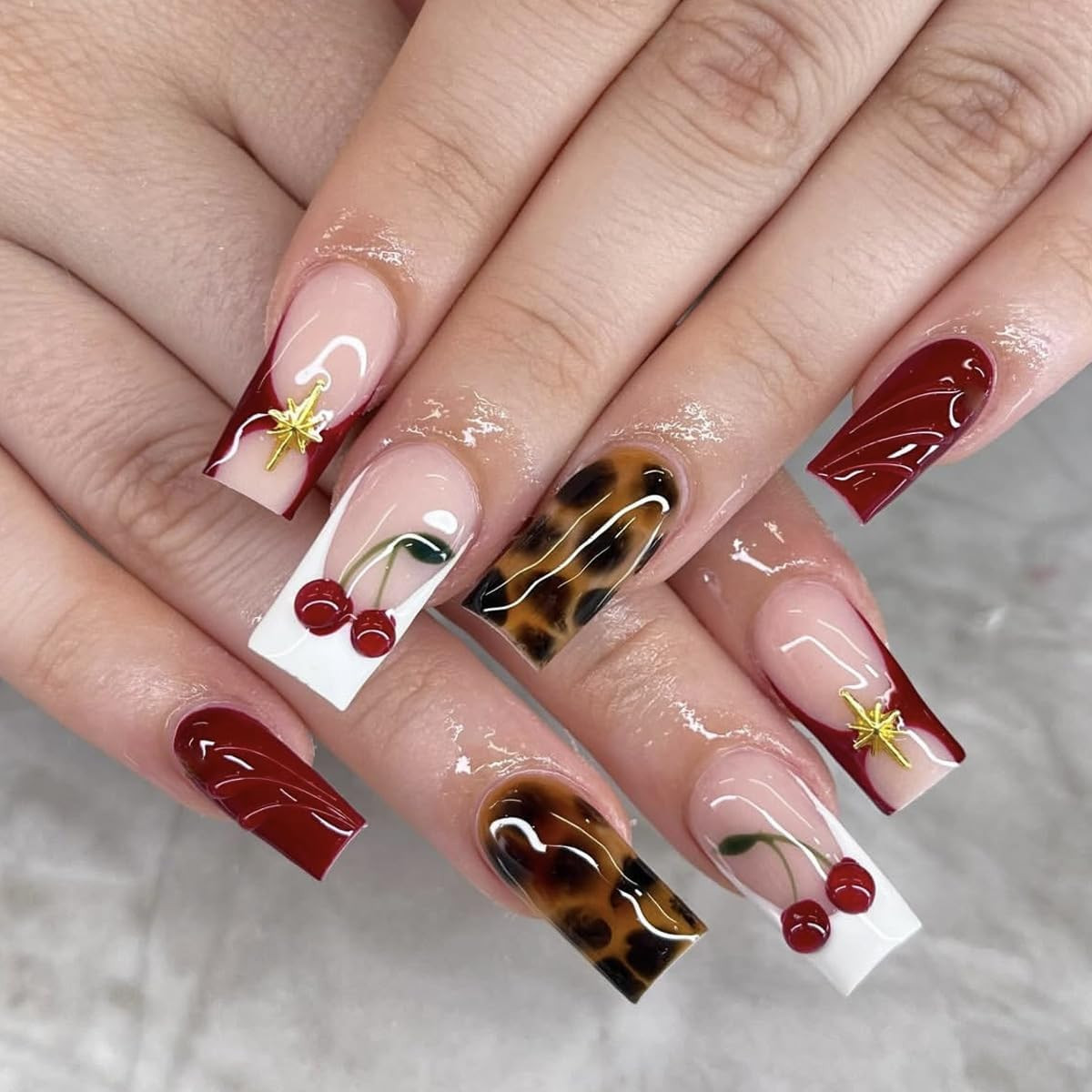 Medium Square Press on Nails Brown Leopard Print and Red Fake Nails 3D Cherry Artificial Nail Party Acrylic Stick on Nail for Women 24pcs | Amazon (US)