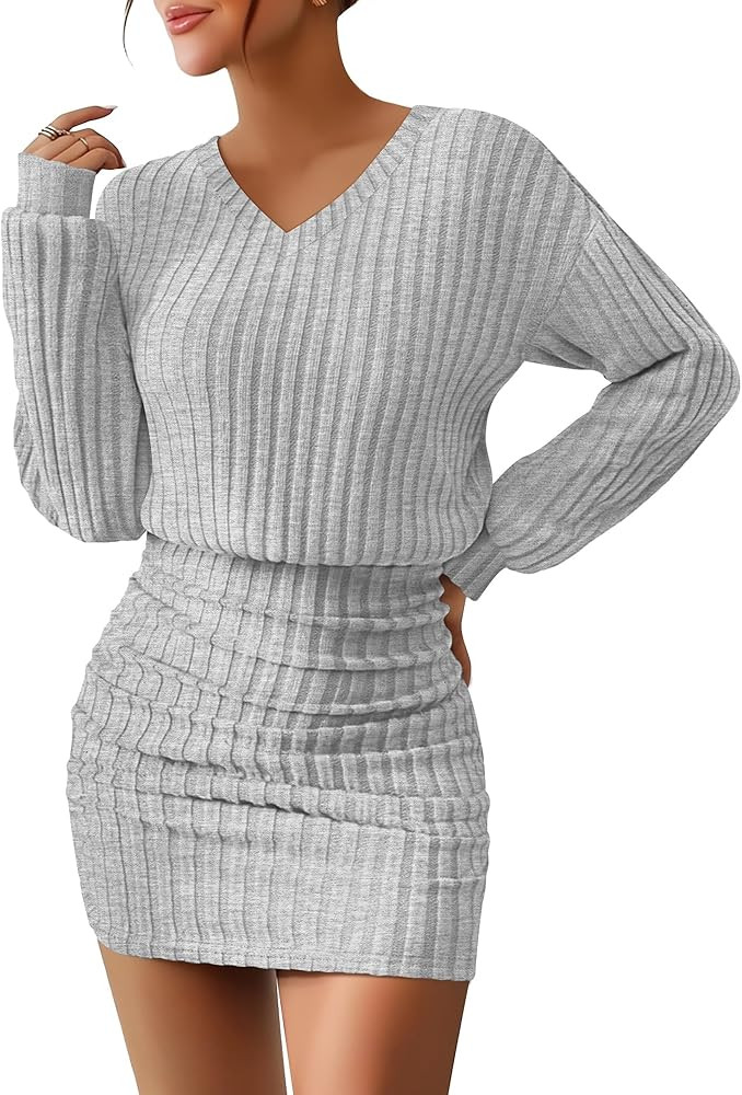 Women's Pullover Sweater Dress Long Lantern Sleeve Ribbed Knit V Neck Ruched Bodycon Mini Dress 2... | Amazon (US)