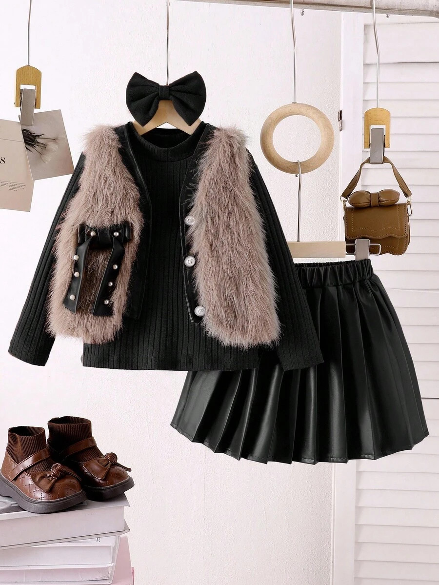 Elladie kids Young Girls 3‑Piece Set, Black Knit Long‑Sleeve Top, Bow Beaded Furry Vest & Leather Pleated Skirt, Chic Autumn Outfit For School & Birthday Wear | SHEIN