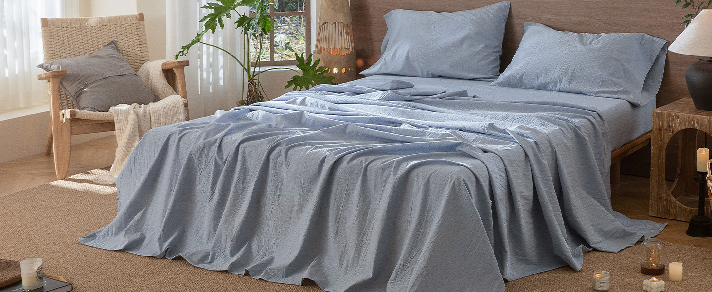MooMee Bedding Sheet Set 100% Washed Cotton Linen Like Textured Breathable Durable Soft Comfy (He... | Amazon (US)
