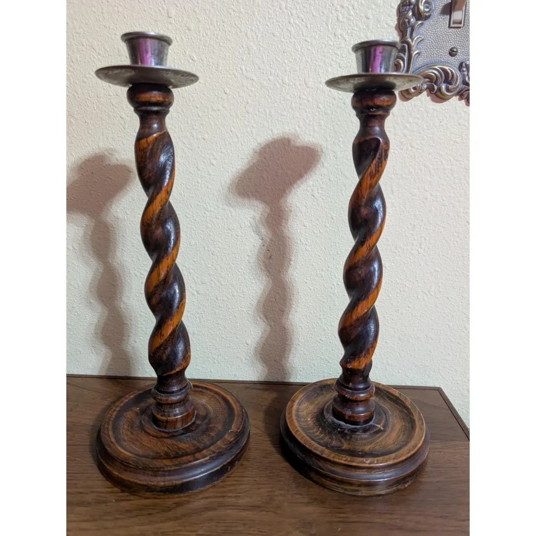 Antique English Oak Barley Twist Pair Candlesticks Candle Holders  11 1/2" Tall | Etsy (US)