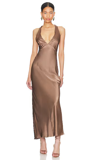 Milo Plunged Cross Back Midi Dress in Cacao | Revolve Clothing (Global)