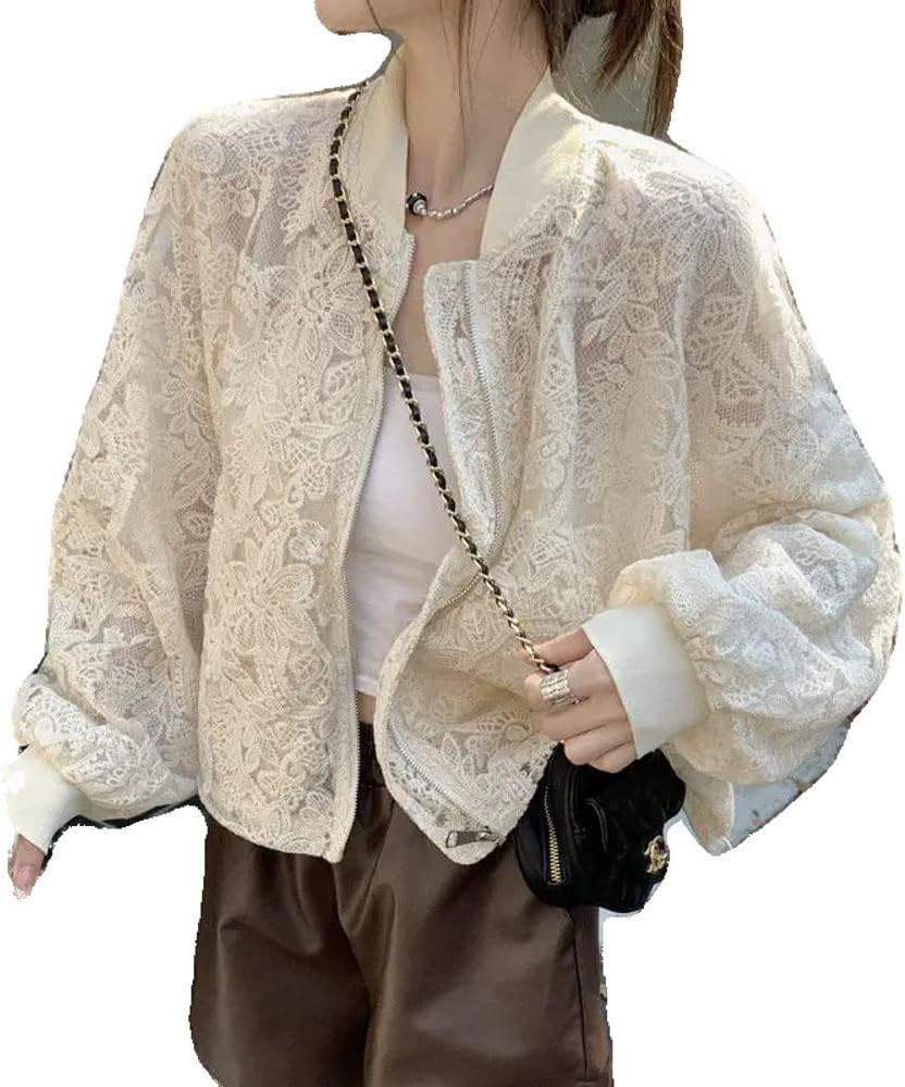 Xingfenly Spring Summer Thin Jacket Women Casual Coat Hollow Out Embroidery Floral | Amazon (US)