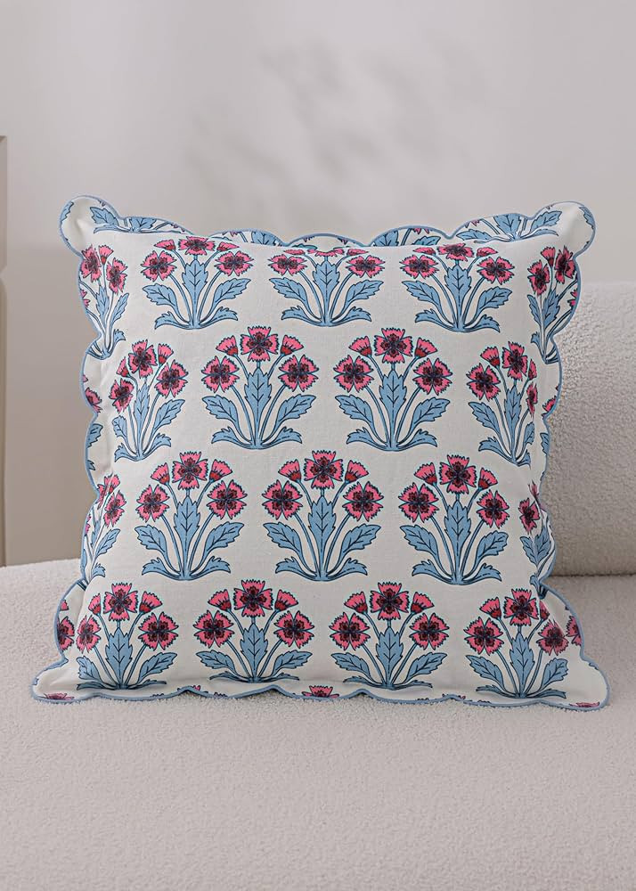 Scalloped Throw Pillow Covers with Block Print Floral Patterns and Hidden Zipper - Pink Fern, 20 ... | Amazon (US)