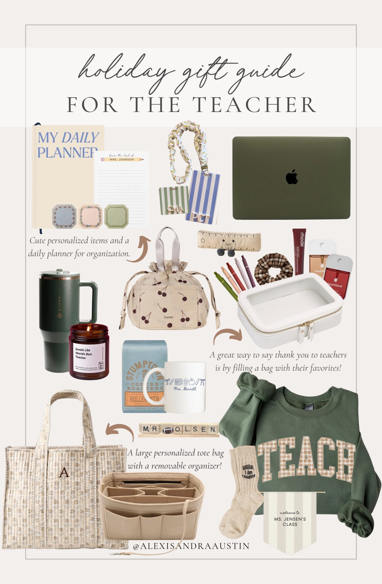 Holiday gift guide for the teacher! Loving these trendy and personalized touches for all of the teachers in your life. 

Holiday gift guide, neutral gifting inspo, teacher gifts, cozy sweatshirt, personalized gift, daily planner, stocking stuffers, tote bag, personalized candle, laptop case, badge buddy, jellycat, tumbler, lunch bag, Calpak, Hydrojug, Etsy, Mark and Graham, shop the look!#LTKStyleTip 

#LTKGiftGuide #LTKHoliday