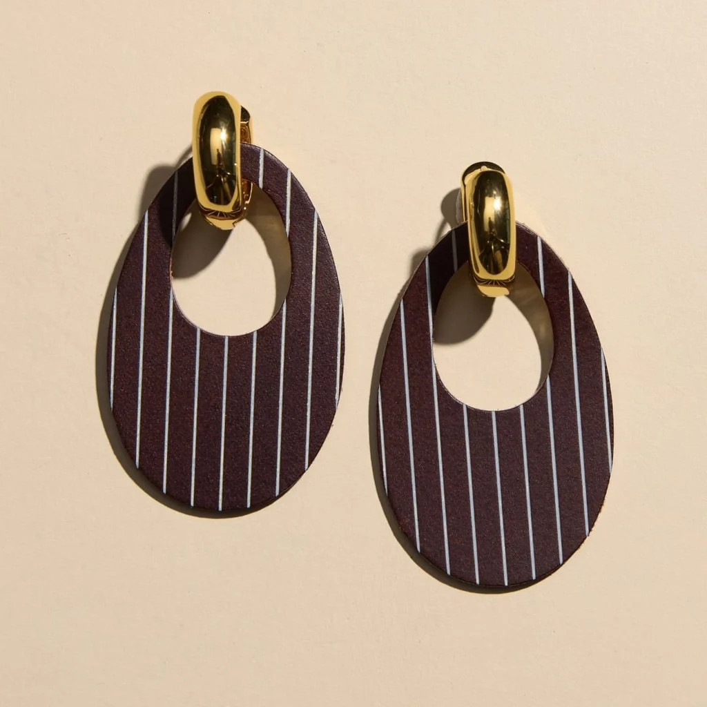 Chocolate Brown Pinstripe Olivia Leather Hoop Earrings | Nickel and Suede