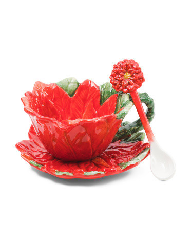 3Pc Poinsettia Cup And Saucer Set | TJ Maxx
