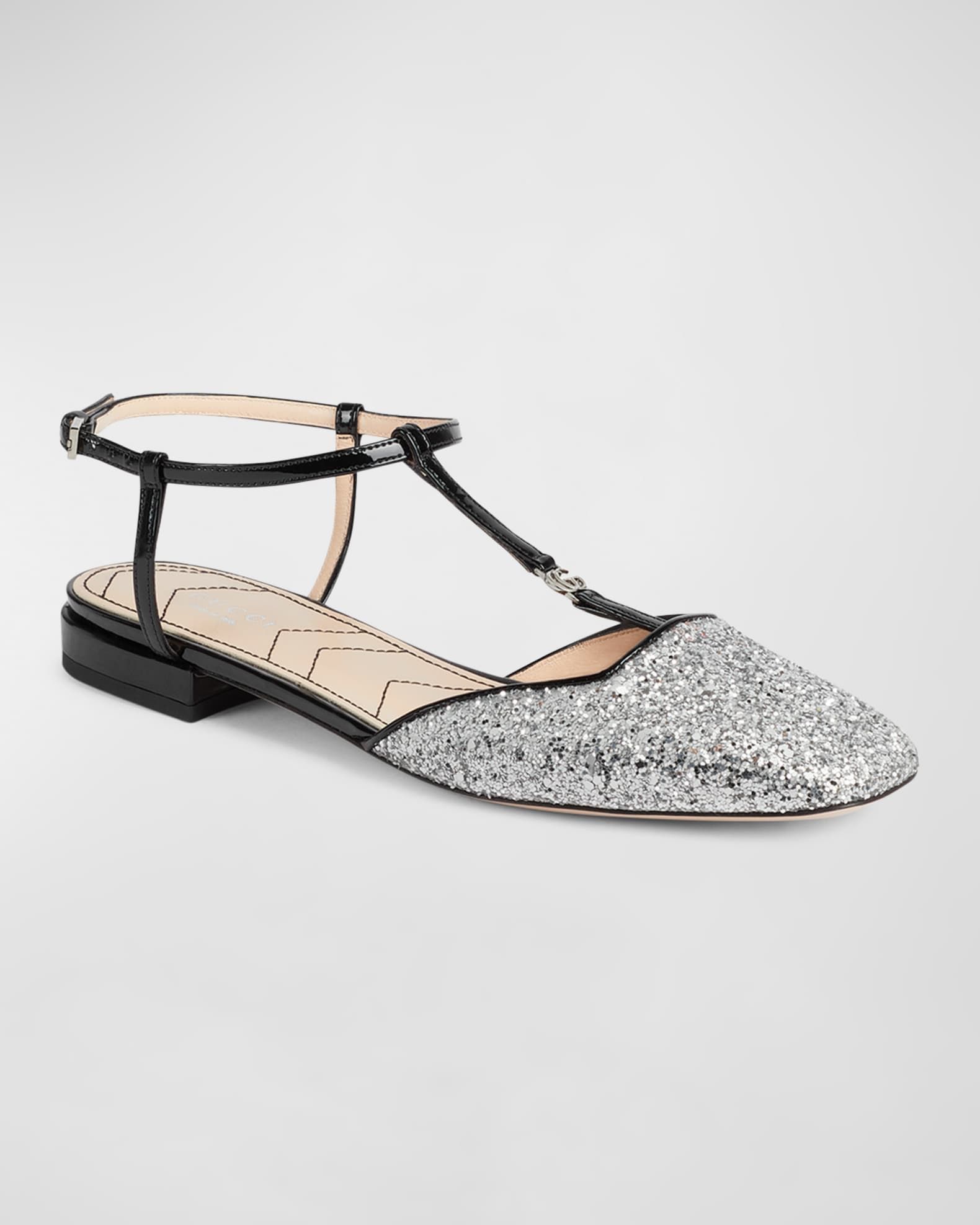 Gucci Marmont Glitter T-Strap Ballerina Flats | Neiman Marcus
