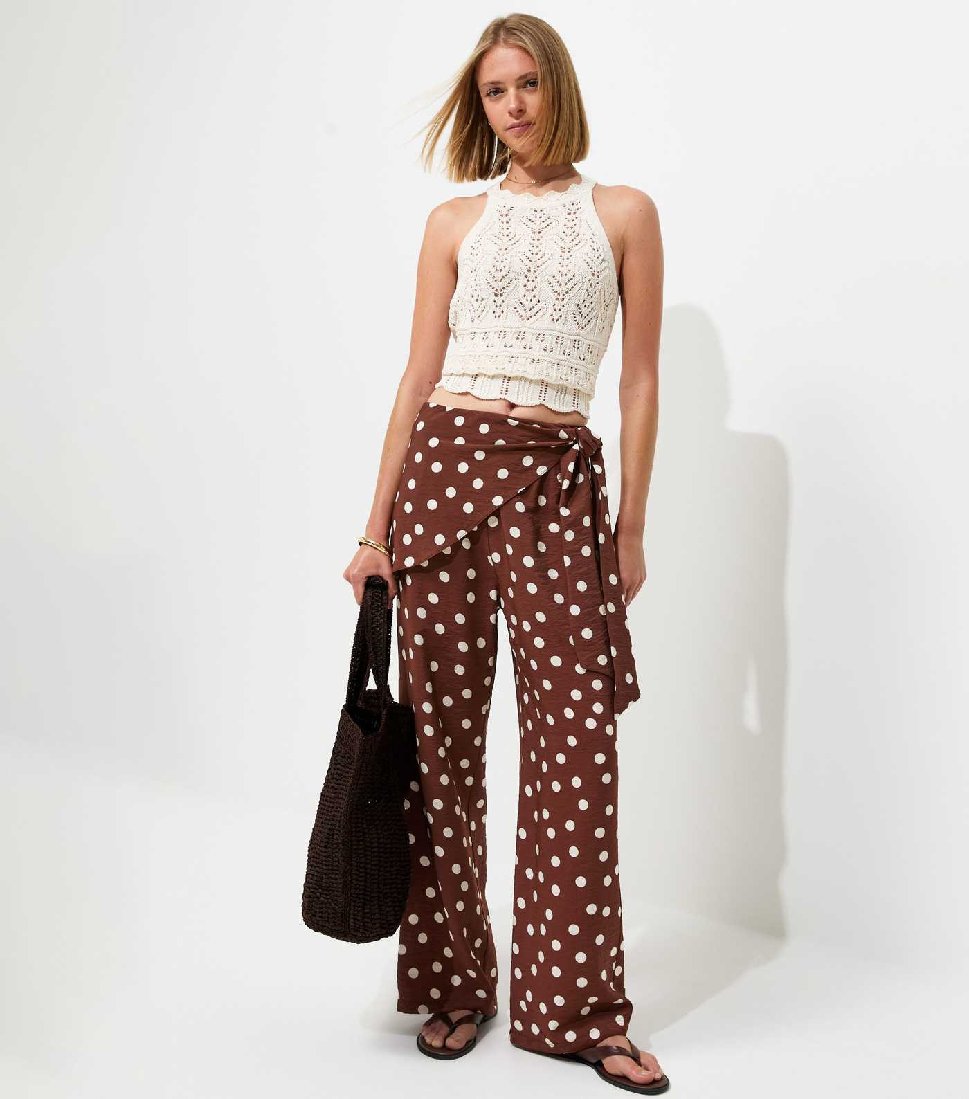 Brown Polka Dot Tie Waist Wide Leg Trousers | New Look | New Look (UK)