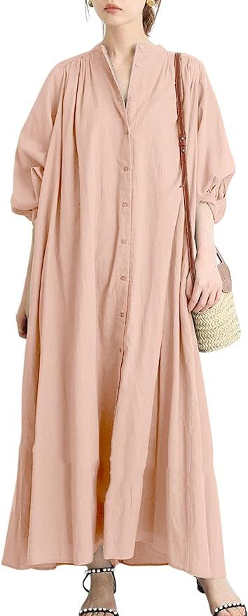 chouyatou Women's Loose Bishop Sleeve Maxi Shirt Dress Spring Summer Cotton Button Down Dress | Amazon (US)