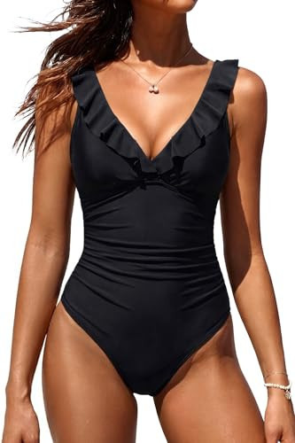 Holipick Women Black V Neck One Piece Swimsuits Tummy Control Bathing Suit Ruffle Swimwear Slimming Monokini for Teen Girls Medium | Amazon (US)