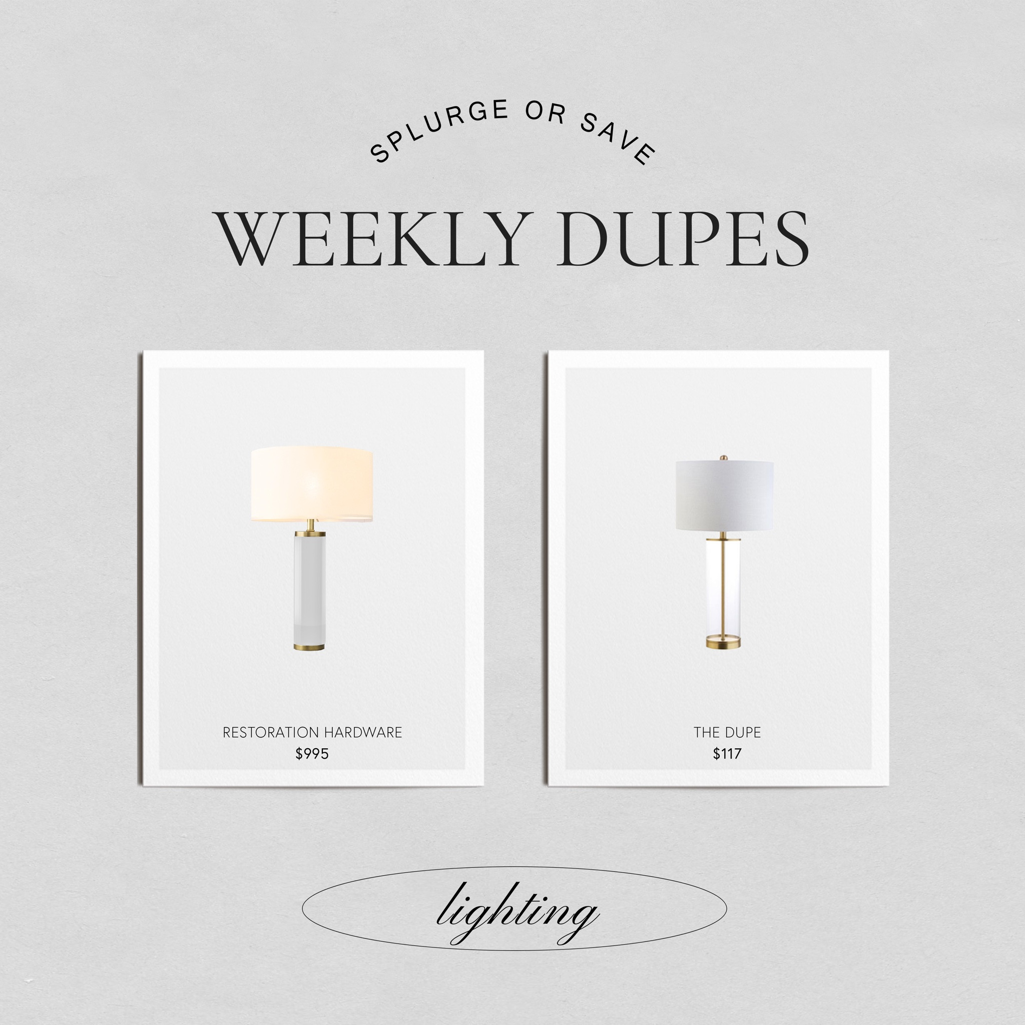 Clear, glass cylinder table lamp with brass accents and white drum shade. Restoration Hardware dupe. #RestorationHardware #Dupe