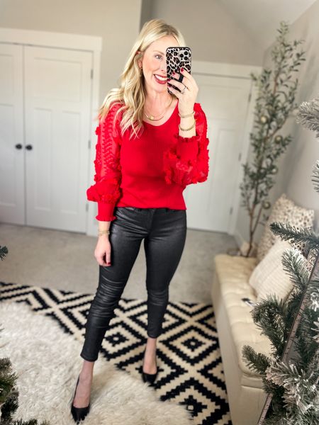 Weekend Walmart wins try on 
Red statement sleeve top- large [size up, it’s a juniors brand!]
Shimmer jeans- 6

#LTKHoliday #LTKstyletip #LTKunder50