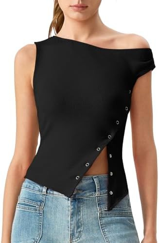 QINSEN Womens Off Shoulder Asymmetrical Tops Diagonal Button-up Closure Split Hem Cropped T Shirt... | Amazon (US)