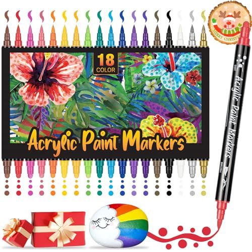 AKARUED Acrylic Paint Pens Dual Tip: 18 Acrylic Paint Markers for Rock Painting, Wood, Plastic, C... | Amazon (US)