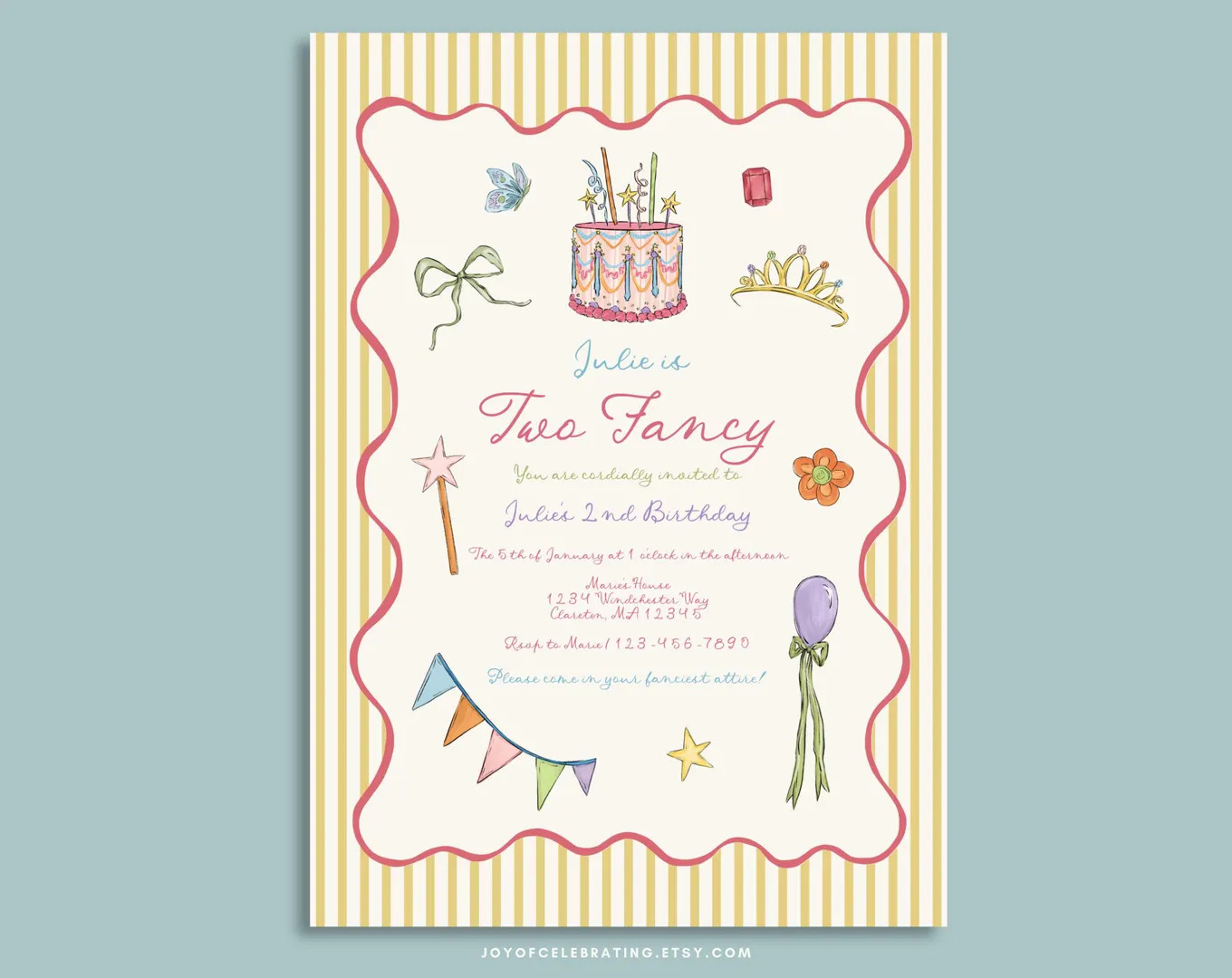 Julie | Two Fancy Colorful Striped Party Invitation Template, Cute Yellow and Pink Trendy Unique ... | Etsy (US)