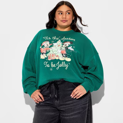 Women's Mickey Tis' the Season Graphic Sweatshirt - Green | Target