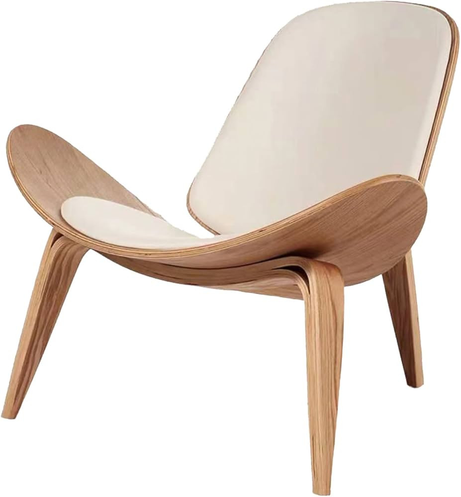 Hans Wegner Style Three- Legged Shell Chair Ash Plywood White Faux Leather Accent Chair Living Ro... | Amazon (US)