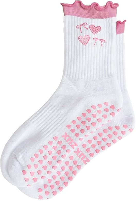 Women Cute Pilates Socks Grip Crew Yoga Socks Ruffle Cuff Embroidery Pattern Workout Ballet Socks | Amazon (US)