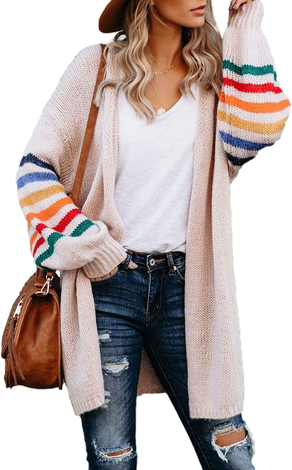 Dokotoo Women's Long Open Front Cardigans Striped Color Block Loose Knit Sweaters Outwear Coat | Amazon (US)