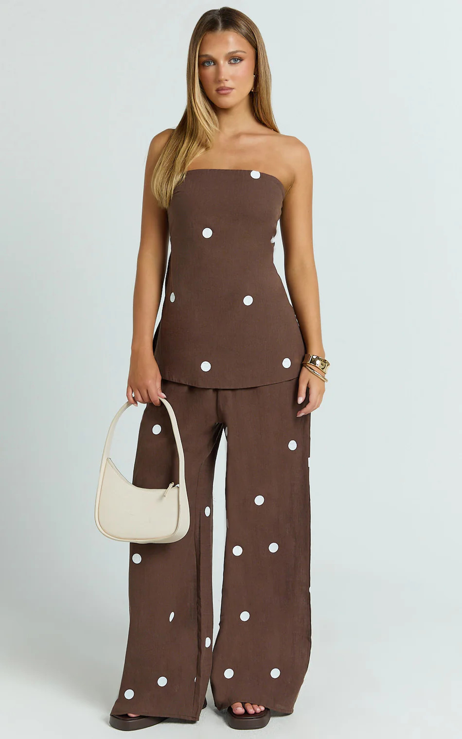Skye Two Piece Set - Strapless Longline Top and Pant Set in Chocolate Polka Dot | Showpo (US, UK & Europe)