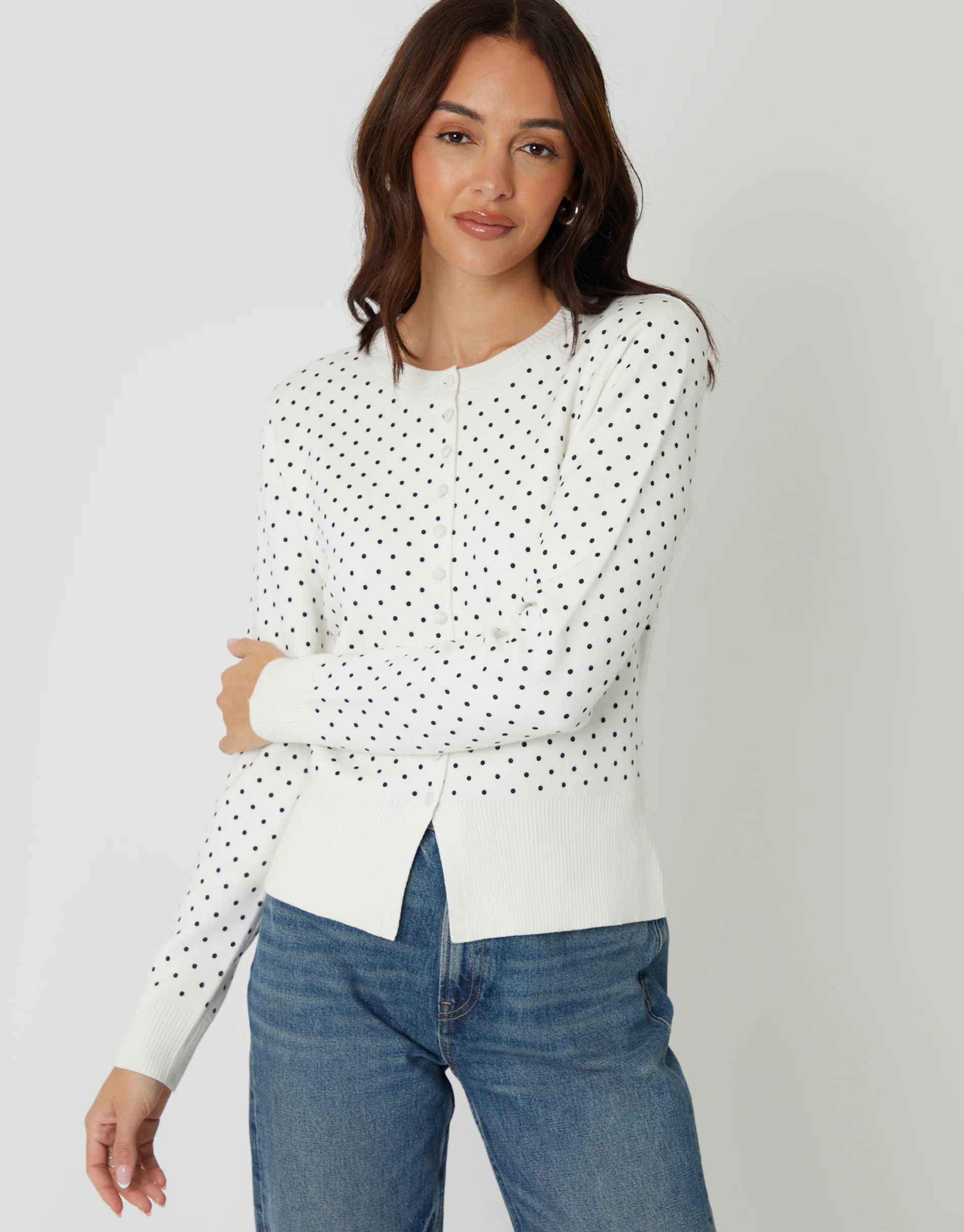 White Polka Dot Compact Knitted Cardigan | Threadbare