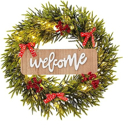 Christmas Wreath with Red Bow and LED Lights, 20 inch Christmas Weaths for Front Door with Welcom... | Amazon (US)