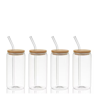 True Everyday Glass Cups with Lids and Straws, Iced Coffee Cups w/ Bamboo Lids, Kitchen Gifts, Beer Can Cocktail Glasses or Drinking Glasses Set of 4 | Target
