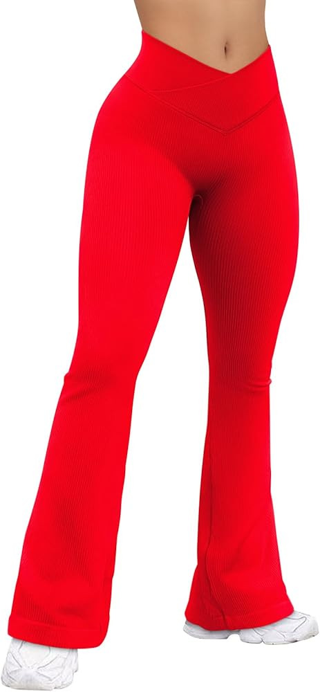 OQQ Women's Flared Pants Ribbed Cross Over High Waist Bell Bottoms Lounge Travel Pants | Amazon (US)