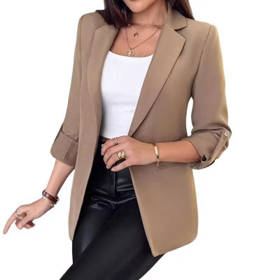 Cropped Suit Jacket Women Solid Color Long Sleeve Work Office Suit Turn Lapel Collar Padded Shoulder Blazer Khaki M | Target