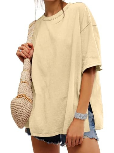 UNCLECAT Womens Oversized T Shirts Summer Trendy Short Sleeve Crew Neck Tops Loose Fit Side Slit Tee Apricot | Amazon (US)