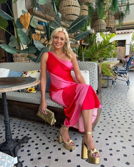 Holiday style, holiday fashion, Red and Pink midi dress, evening outfit, summer dress, summer evening, Topshop, gold heels 

#LTKSeasonal #LTKeurope #LTKstyletip