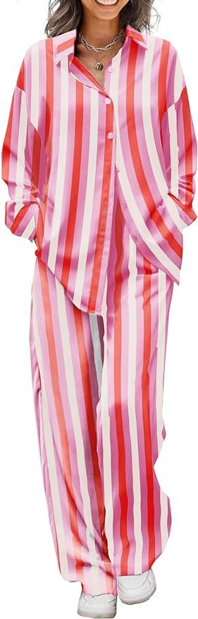 Ekouaer Womens 2 Piece Silk Satin Pajama Set Long Sleeve Lounge Sets Button Down Shirts and Pants... | Amazon (US)