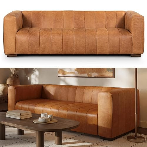 POLY & BARK Canale Sofa – 86" Channel-Tufted Italian Leather Couch – Cognac Tan Full-Grain Pure-Aniline or Semi-Aniline Leather, Solid Wood Frame & Legs | Amazon (US)