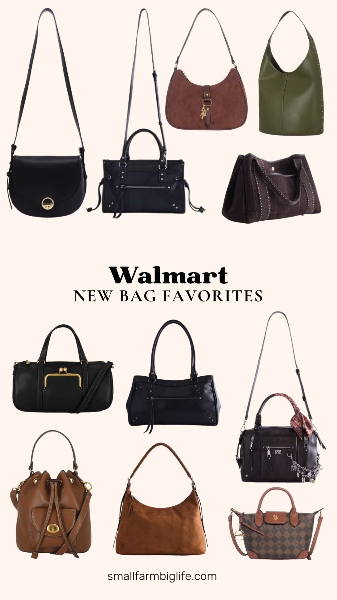 Walmart keeps surprising me with really pretty new bag drops and this edit rounds up the fall favorites worth adding to your collection.

Starting with totes: a black square tote bag, and a dark brown plaid medium tote handbag for a little pattern.

For crossbody and shoulder styles: a black crossbody handbag, an autumn brown top zipper shoulder bag, a black large shoulder bag, a brown cognac shoulder bag, and a brown checked crossbody bag.

For something with more structure: a black faux leather frame satchel, and a brown medium satchel handbag, both polished options for everyday wear.

Rounding it out is an autumn brown faux leather drawstring handbag, and an olive green faux leather bucket bag for a fun seasonal color.

#walmartfinds #newbags #fallhandbags #crossbodybag #satchelbag 

 #LTKootd #LTKOver40 #LTKWorkwear