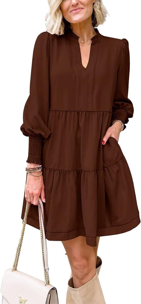 Imily Bela Womens Fall Long Sleeve Tunic Dress Casual V Neck Loose Ruffle Tiered Dress | Amazon (US)