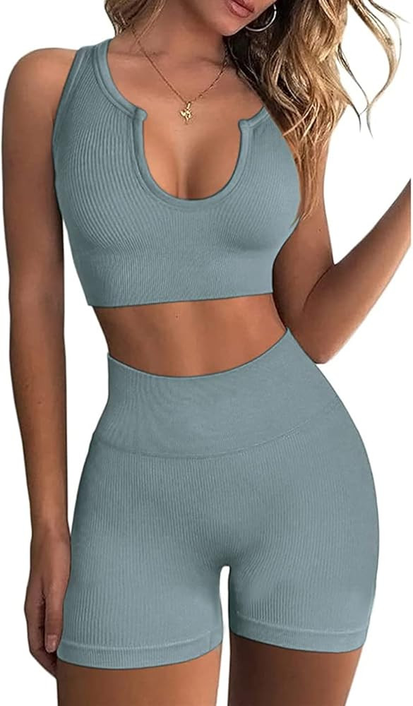 Hwnovdy Seamless Workout Sets for Women Ribbed Sport Bra High Waist Running Shorts Gym 2 Piece Yo... | Amazon (US)