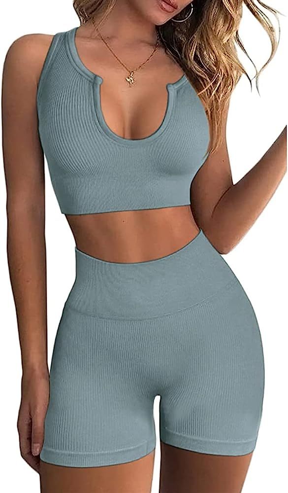 Hwnovdy Seamless Workout Sets for Women Ribbed Sport Bra High Waist Running Shorts Gym 2 Piece Yo... | Amazon (US)