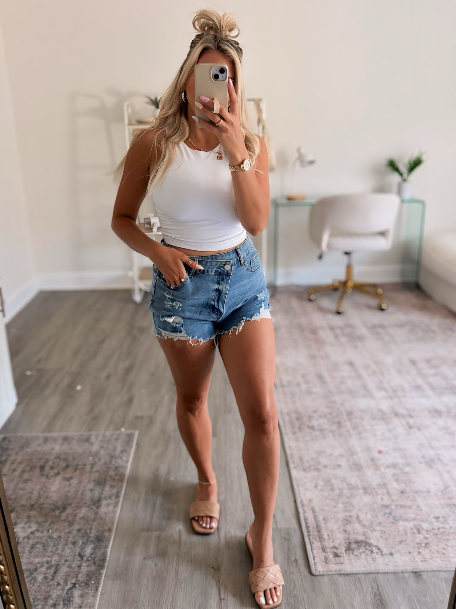 Amazon denim shorts that are stretchy and cover the booty! I sized up and did an 8 

Small in tank 

#LTKmidsize #LTKstyletip #LTKfindsunder50