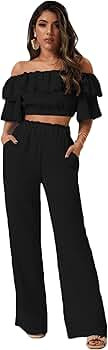 Romwe Women's 2 Piece Outfit Off The Shoulder Crop Top Wide Leg Pants Set | Amazon (US)