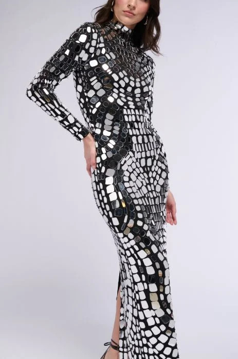 MIRROR MIRROR EMBELLISHED LONG SLEEVE MAXI DRESS | AKIRA