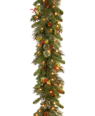 National Tree Company 9' Wintry Pine Garland With Cones, Red Berries, Snowflakes & 100 Clear Ligh... | Macys (US)
