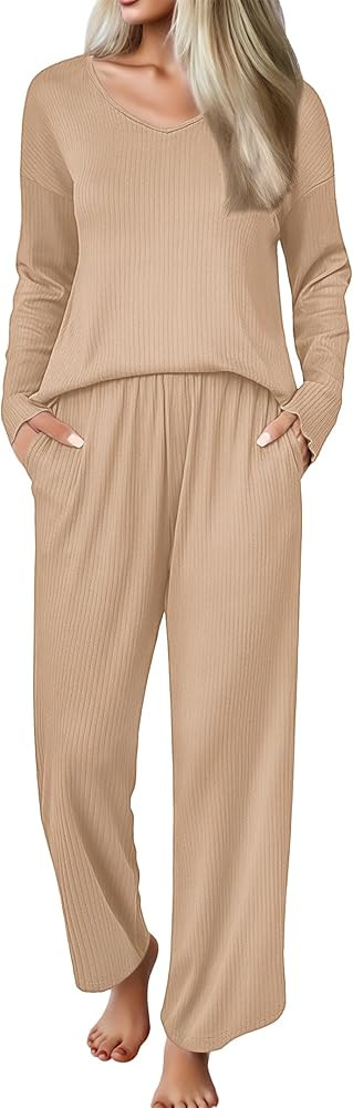 Ekouaer Womens Pajama Set Ribbed Knit PJs 2 Piece Lounge Set Long Sleeve Top and Pants Comfy Slee... | Amazon (US)