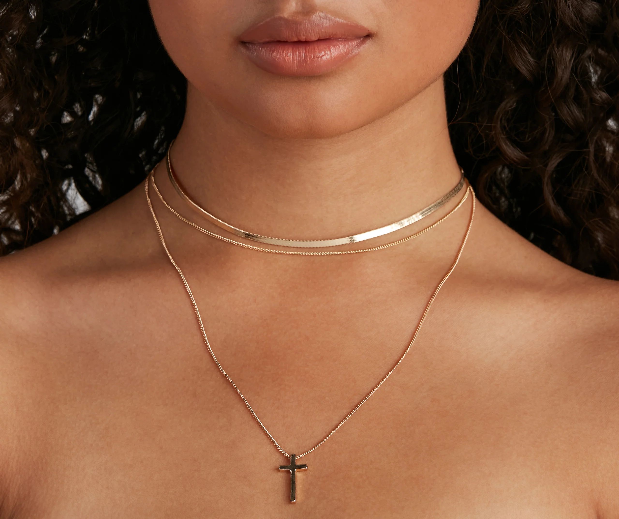 Cross Charm Layered Snake Chain Necklace | Windsor Stores