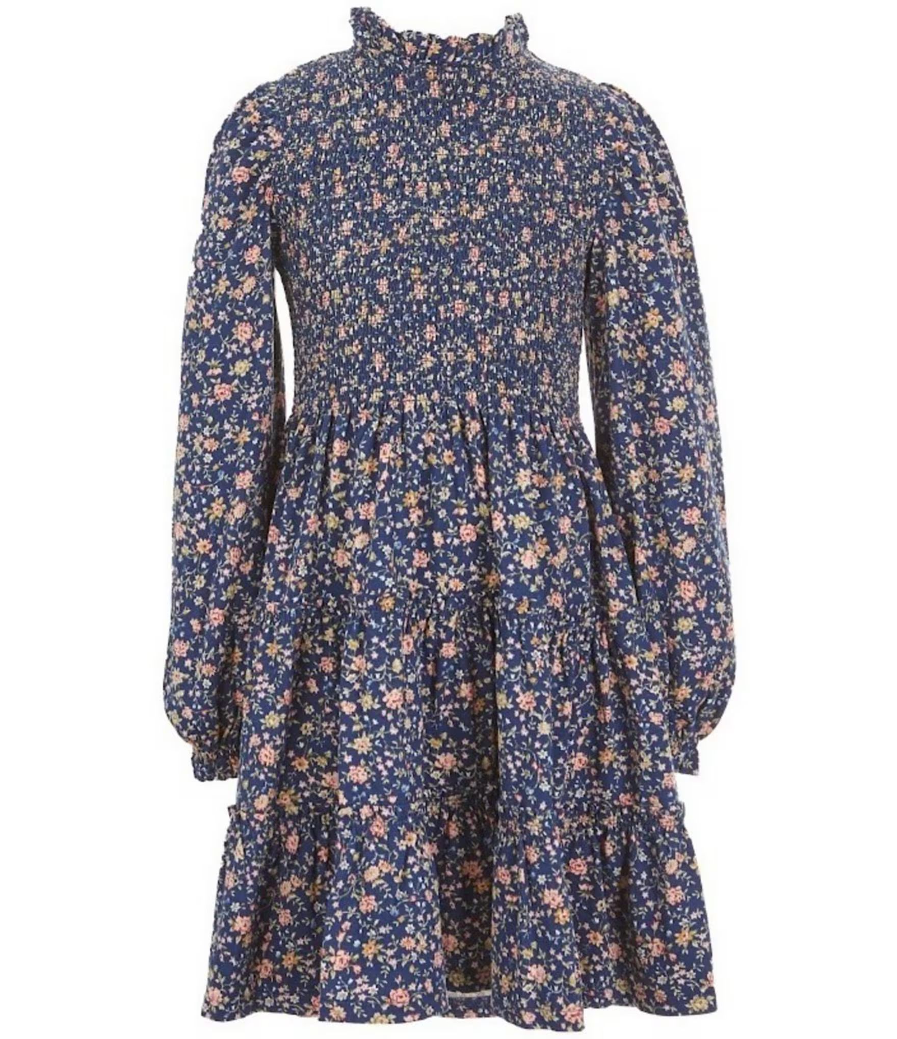Big Girls 7-16 Long Sleeve Floral Smocked Jersey Fit-And-Flare Dress | Dillard's