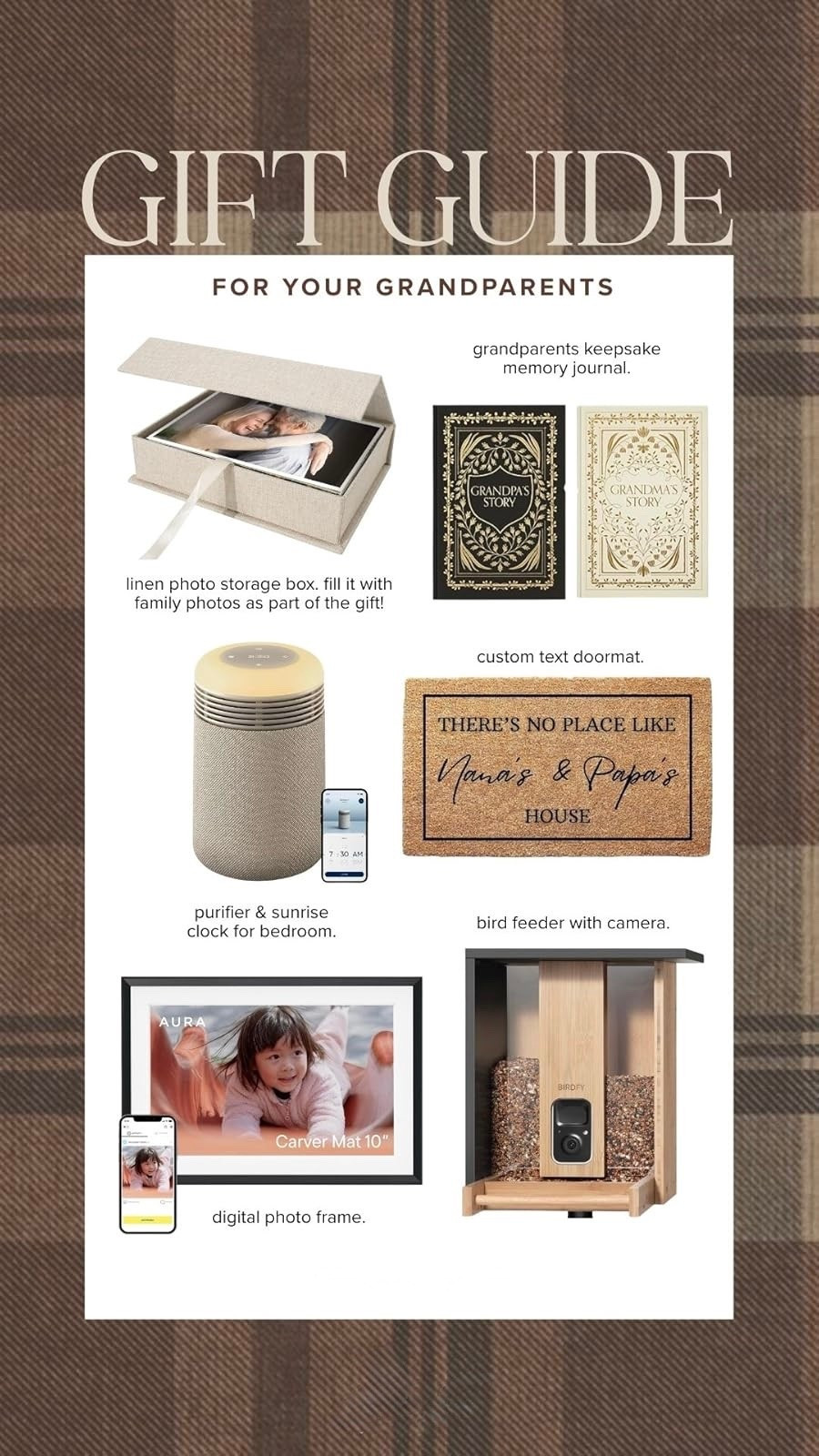 Thoughtful Gift Guide for Grandparents 🤍 Meaningful and practical gift ideas grandparents will actually love—from personalized keepsakes like memory journals and custom doormats to tech-friendly favorites like digital photo frames, bird feeder cameras, and air purifier sunrise clocks. Create sentimental moments with a linen photo storage box filled with family memories or give them a way to stay connected with updated photos every day. Perfect for birthdays, holidays, Christmas, or just because—these cozy, heartfelt gifts are ideal for Nana, Papa, Grandma, and Grandpa. #GrandparentGifts #GiftGuideIdeas #SentimentalGifts #FamilyMemories #ThoughtfulGifting

#LTKmomlife #LTKMothersDay #LTKHome