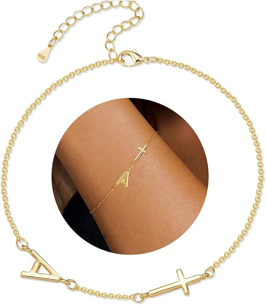 14K Gold Filled Initial Cross Bracelet,Sterling Silver Cross Bracelet Minimalist Tiny A-Z Letter ... | Amazon (US)